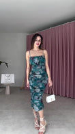 Abito Lungo Midi Colorato Aderente Stampa Floreale Vestito Tubino Grinzato Casual Serata in 5 Colori - 7573