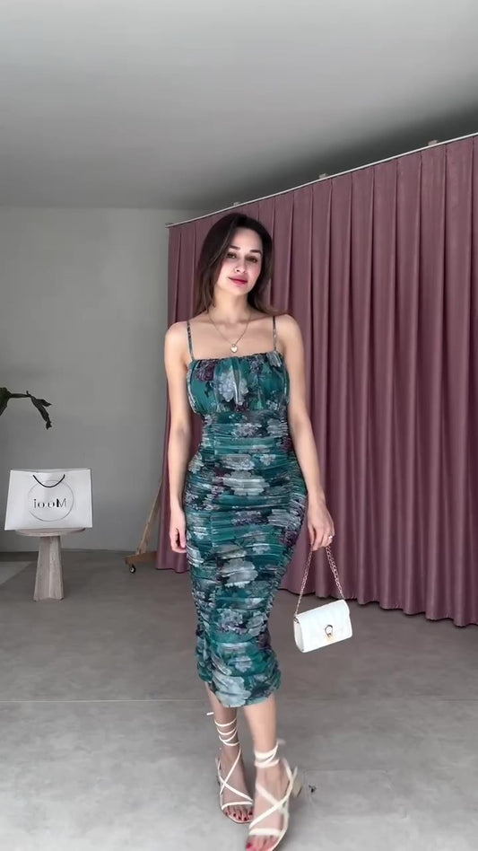 Abito Lungo Midi Colorato Aderente Stampa Floreale Vestito Tubino Grinzato Casual Serata in 5 Colori - 7573