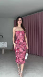 Abito Lungo Midi Colorato Aderente Stampa Floreale Vestito Tubino Grinzato Casual Serata in 5 Colori - 7573