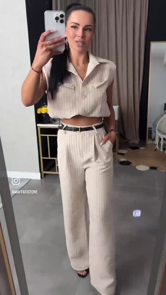 Completo Elegante con Righe Camicia Smanicata Regolabile Pantalone Palazzo Coordinato Casual in 7 Colori - 7574