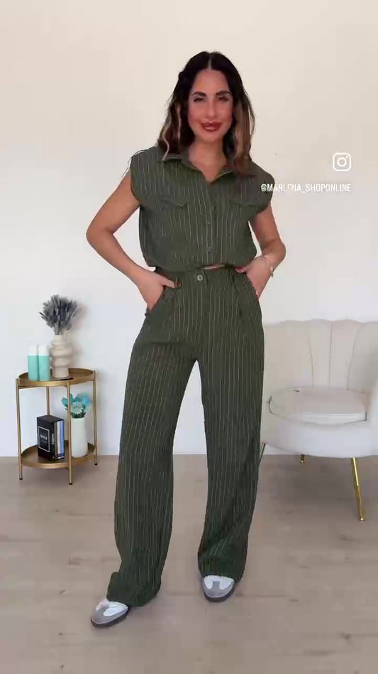 Completo Elegante con Righe Camicia Smanicata Regolabile Pantalone Palazzo Coordinato Casual in 7 Colori - 7574