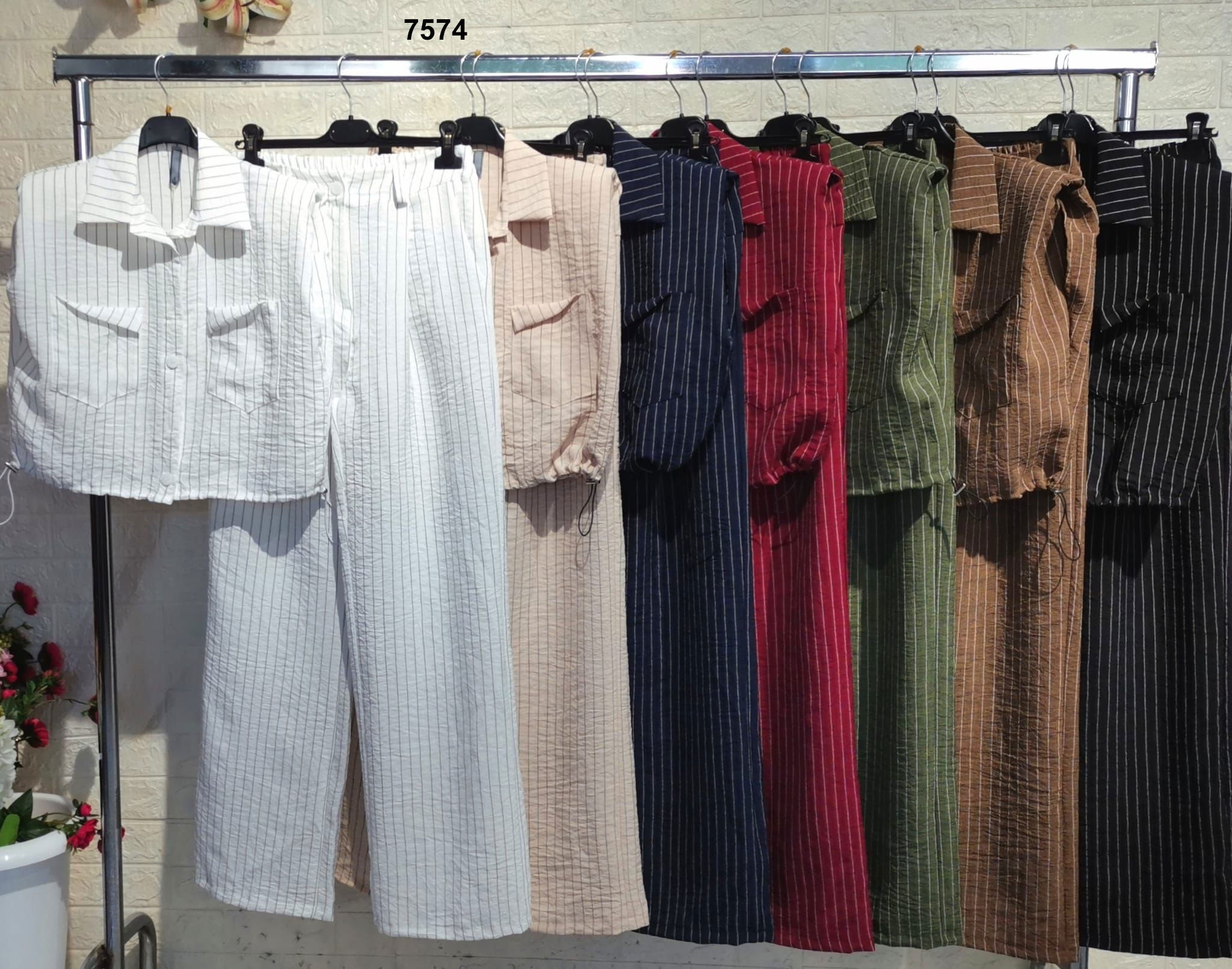 Completo Elegante con Righe Camicia Smanicata Regolabile Pantalone Palazzo Coordinato Casual in 7 Colori - 7574