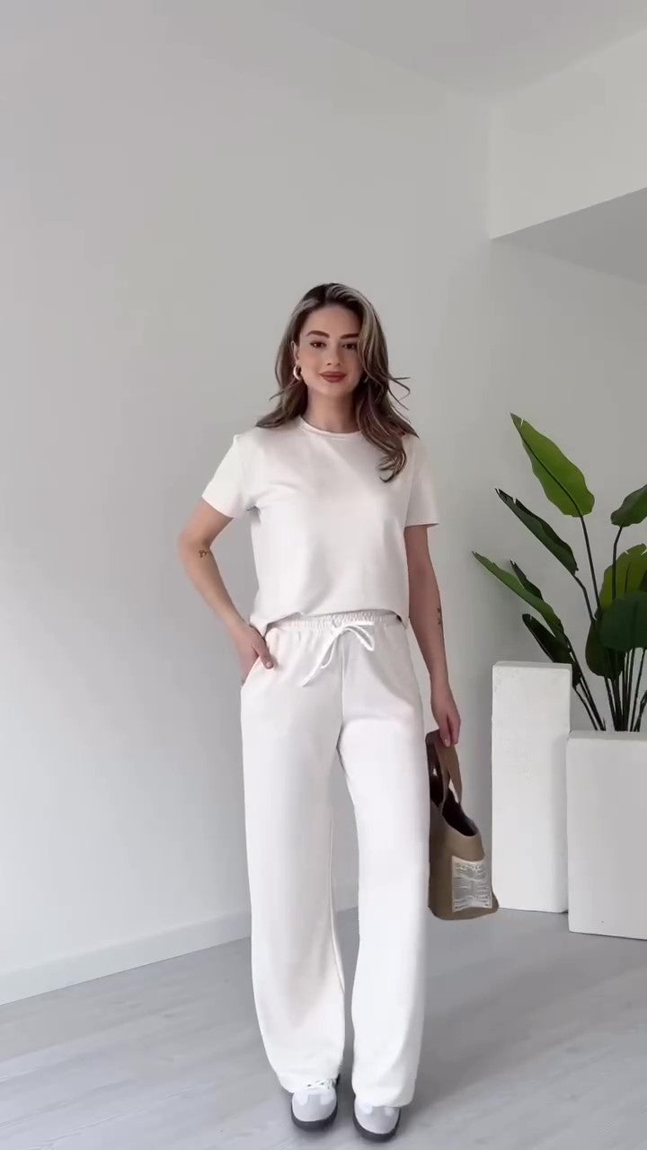 Completo Maglia Mezza Manica Pantalone Palazzo Coordinato Tuta Sportiva Casual in 7 Colori - 7576