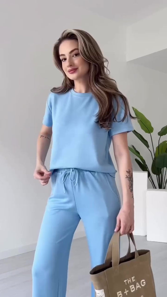 Completo Maglia Mezza Manica Pantalone Palazzo Coordinato Tuta Sportiva Casual in 7 Colori - 7576