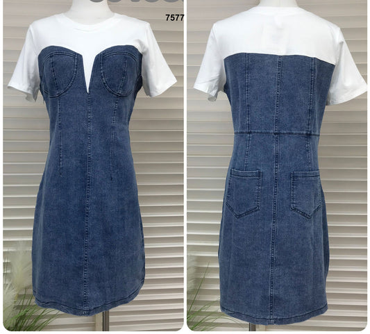 Abito Corto Jeans Denim Effetto T-shirt Bianca Sopra Vestito Casual Bianco e Blu Fashion Chic - 7577