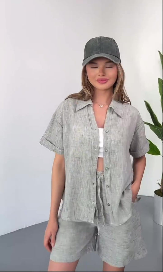 Completo Casual Estate Camicia Mezza Manica Pantaloncini Shorts Coordinato Effetto Lino Elegante in 7 Colori - 7579
