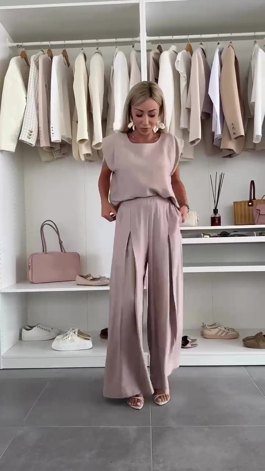 Completo Elegante Maglia Mezza Manica Pantalone Palazzo Largo Ampio Coordinato Casual in 7 Colori - 7580