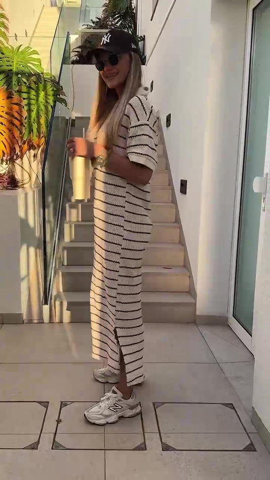 Abito Lungo Casual Righe Orizzontali Vestito Estate Midi Scollo V Mare Aperitivo in 4 Colori - 7582