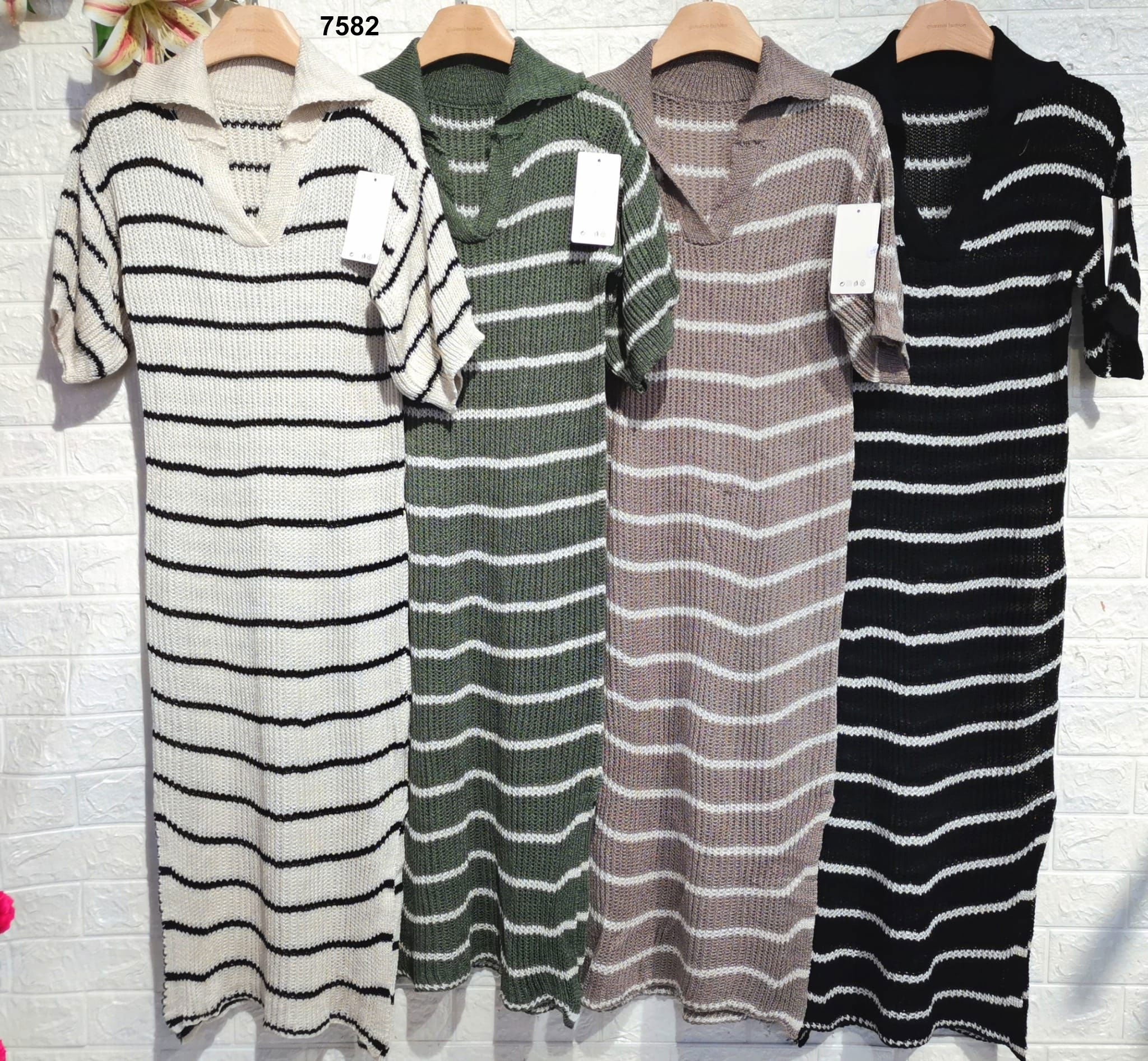 Abito Lungo Casual Righe Orizzontali Vestito Estate Midi Scollo V Mare Aperitivo in 4 Colori - 7582