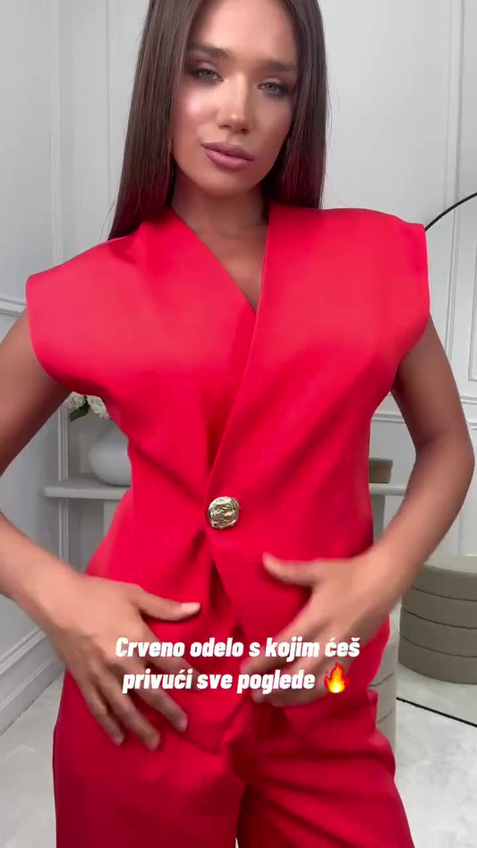 Completo Elegante Maglia Smanicata Bottone Gioiello Dorato Pantalone Palazzo Coordinato Tailleur in 6 Colori - 7585