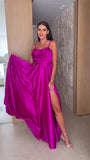 Abito lungo elegante in raso con spalline sottili Vestito Elegante Cerimonia Evento in 5 colori - 7591