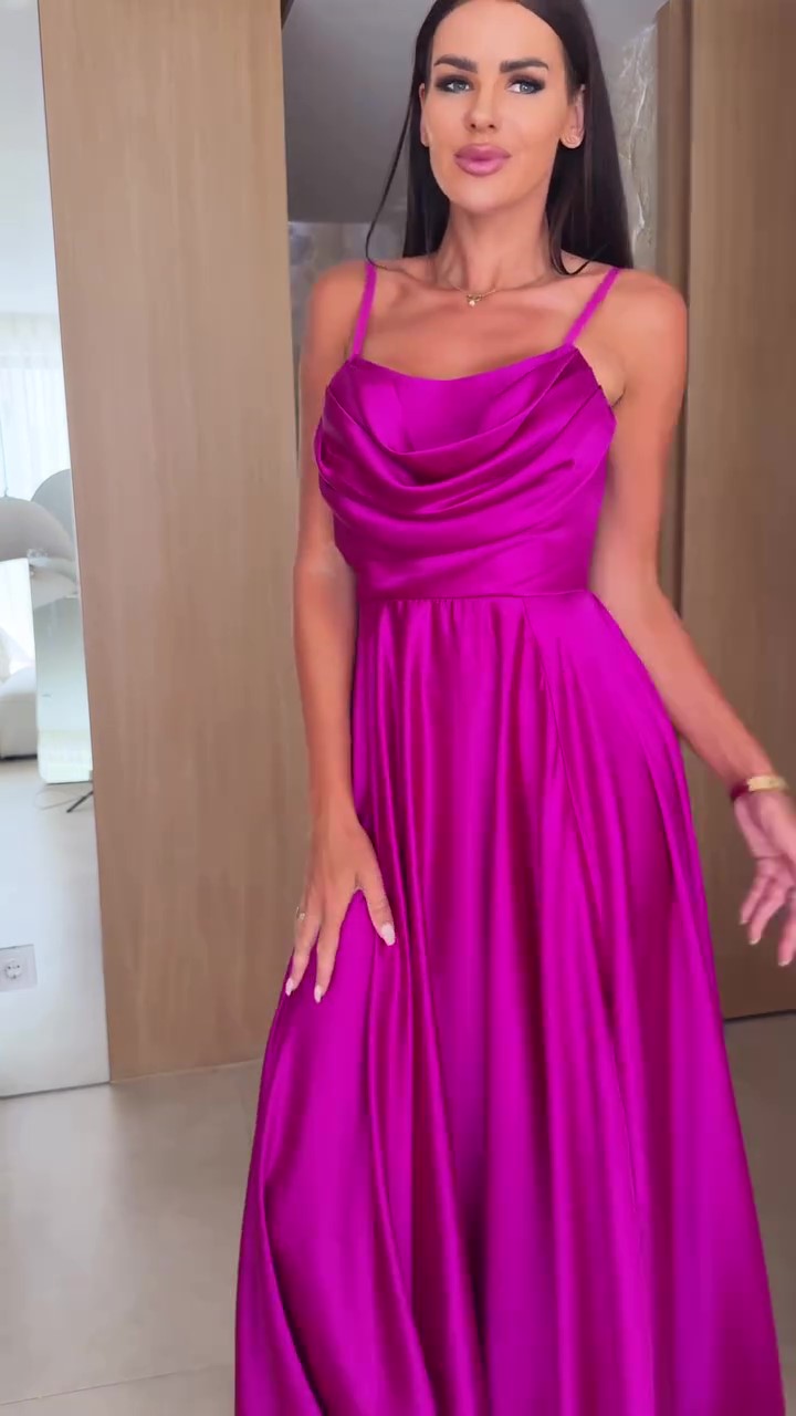 Abito lungo elegante in raso con spalline sottili Vestito Elegante Cerimonia Evento in 5 colori - 7591