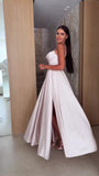 Abito lungo elegante in raso con spalline sottili Vestito Elegante Cerimonia Evento in 5 colori - 7591