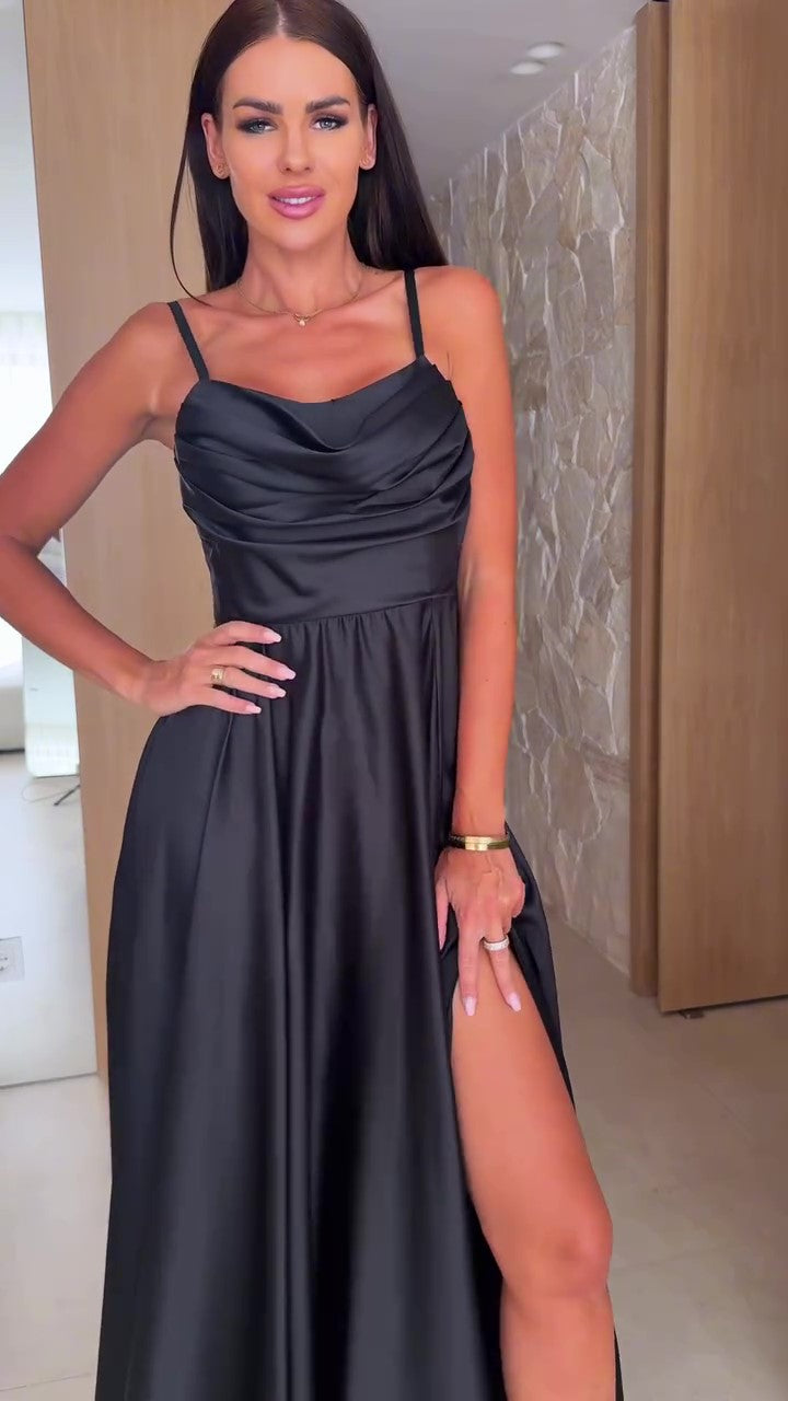 Abito lungo elegante in raso con spalline sottili Vestito Elegante Cerimonia Evento in 5 colori - 7591