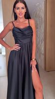 Abito lungo elegante in raso con spalline sottili Vestito Elegante Cerimonia Evento in 5 colori - 7591