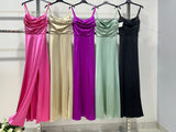Abito lungo elegante in raso con spalline sottili Vestito Elegante Cerimonia Evento in 5 colori - 7591