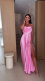 Abito lungo elegante in raso con spalline sottili Vestito Elegante Cerimonia Evento in 5 colori - 7591
