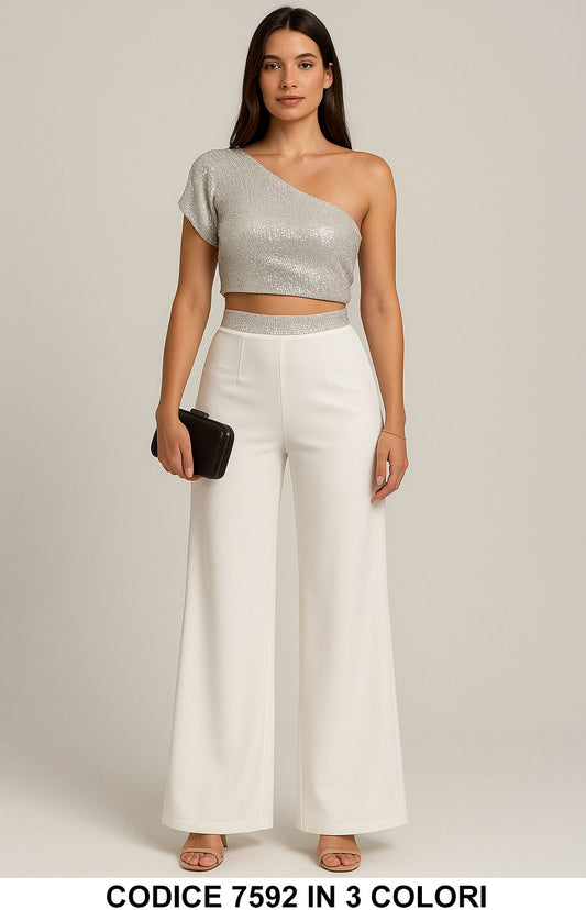 Completo elegante top monospalla e pantalone palazzo Coordinato Brillantini Casual Cool in 3 colori - 7592