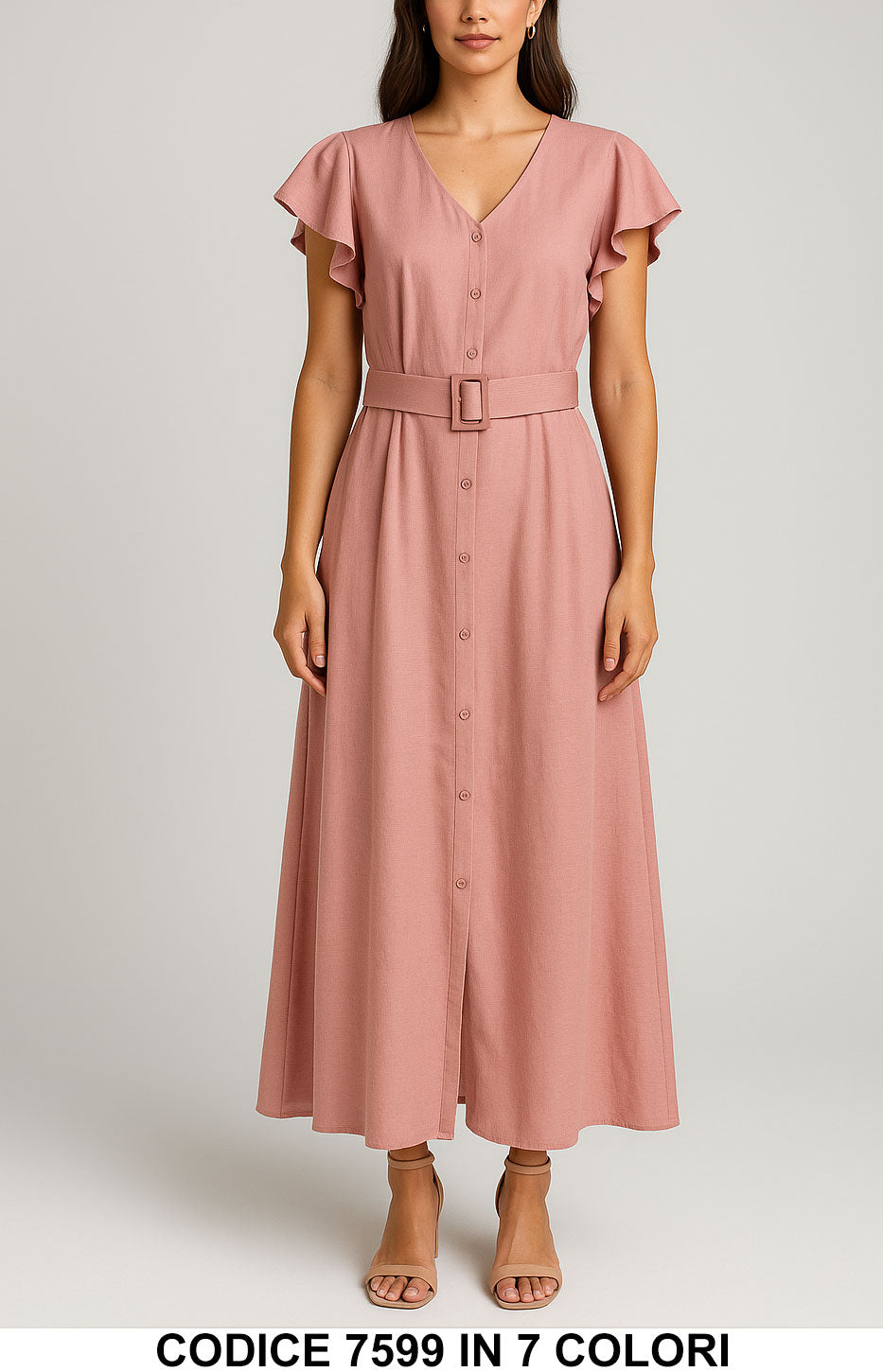 Abito Lungo con Cintura e Maniche a Volant Vestito Casual Elegante Chemisier in 7 Colori - 7599