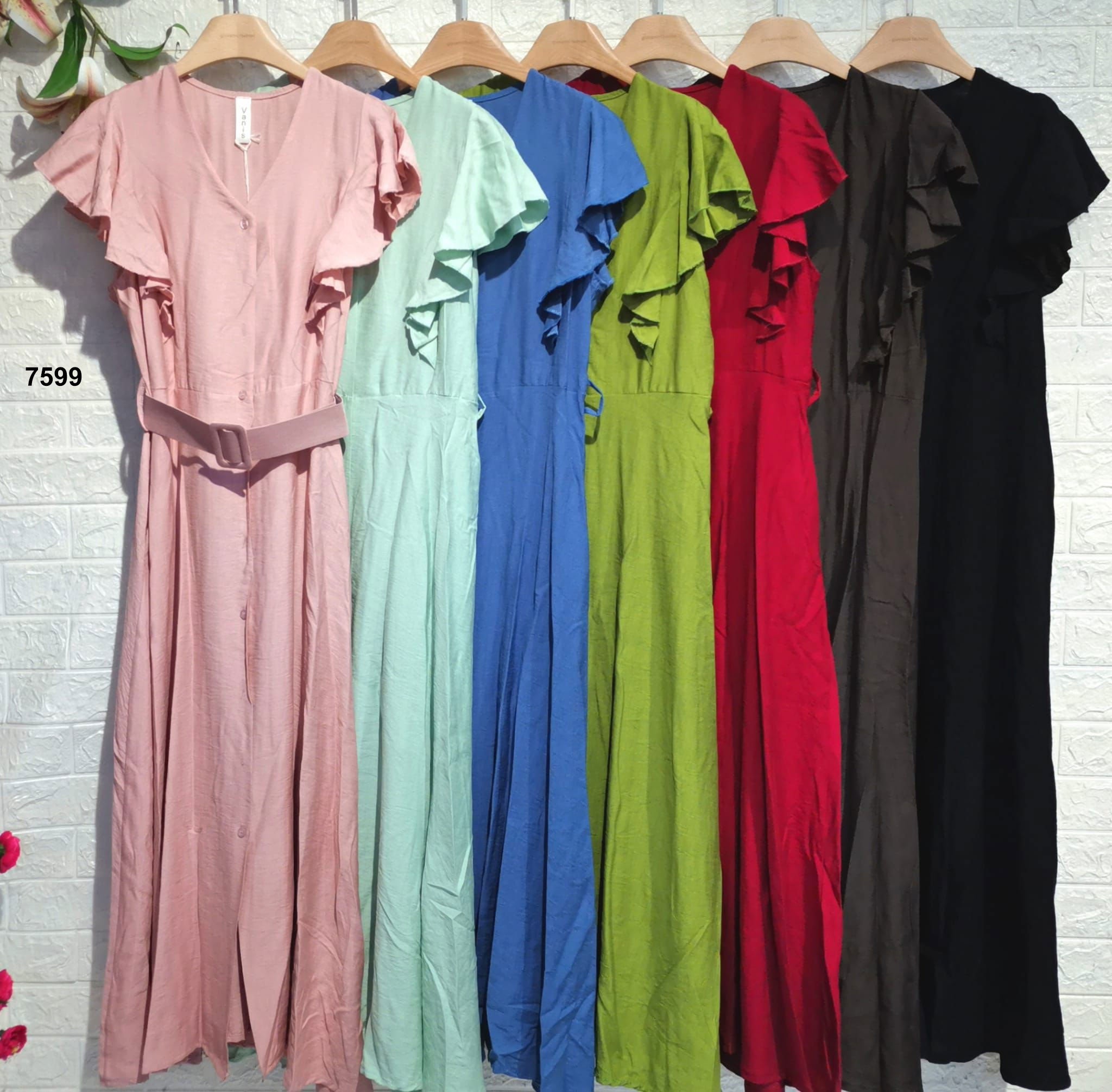 Abito Lungo con Cintura e Maniche a Volant Vestito Casual Elegante Chemisier in 7 Colori - 7599