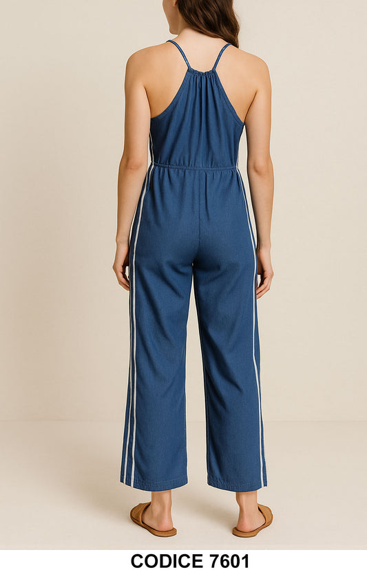 Tuta estiva donna in denim leggero con bretelline e righe laterali Jumpsuit Casual Blu Elegante – 7601