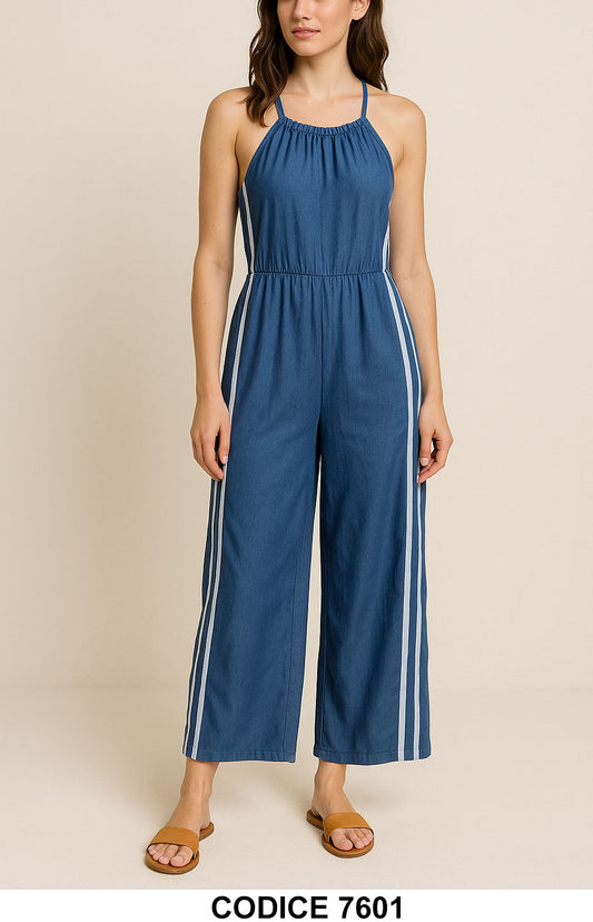 Tuta estiva donna in denim leggero con bretelline e righe laterali Jumpsuit Casual Blu Elegante – 7601