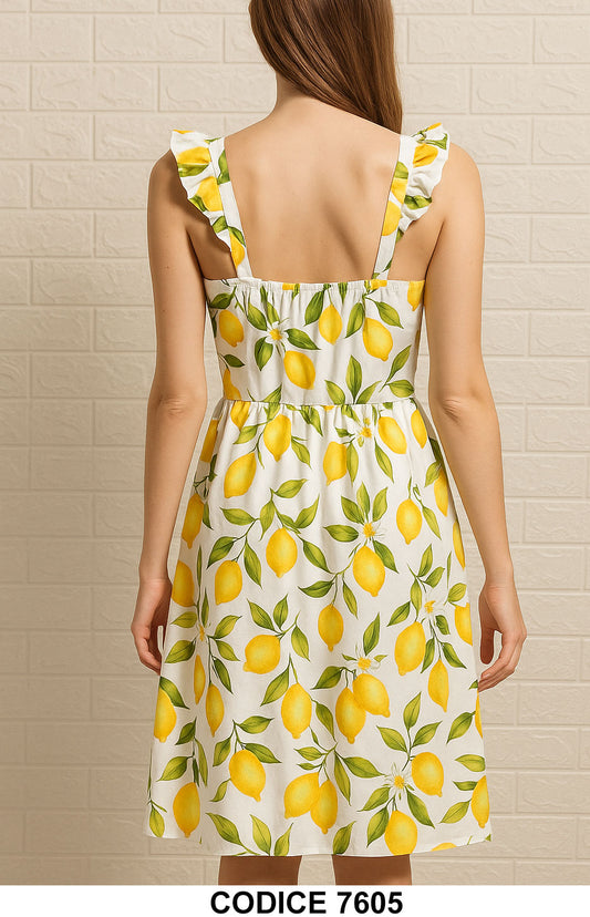 Abito Corto con Stampa Limoni Bretelle con Rouche Vestito Bianco Giallo Romantico - 7605