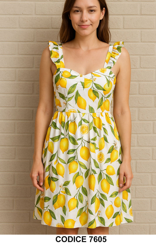 Abito Corto con Stampa Limoni Bretelle con Rouche Vestito Bianco Giallo Romantico - 7605