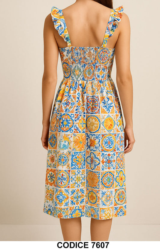 Abito midi estivo con stampa maiolica e limoni Vestito Casual Elegante Romantico Bianco Giallo – 7607