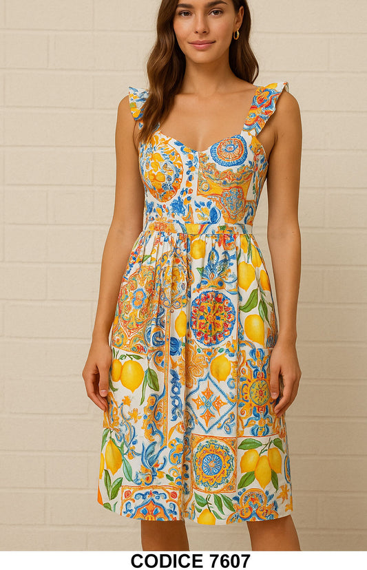 Abito midi estivo con stampa maiolica e limoni Vestito Casual Elegante Romantico Bianco Giallo – 7607