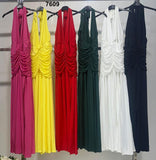 Abito Lungo Elegante con Drappeggio Profondo Vestito Cerimonia Scollo V Allacciato al Collo in 5 Colori – 7609
