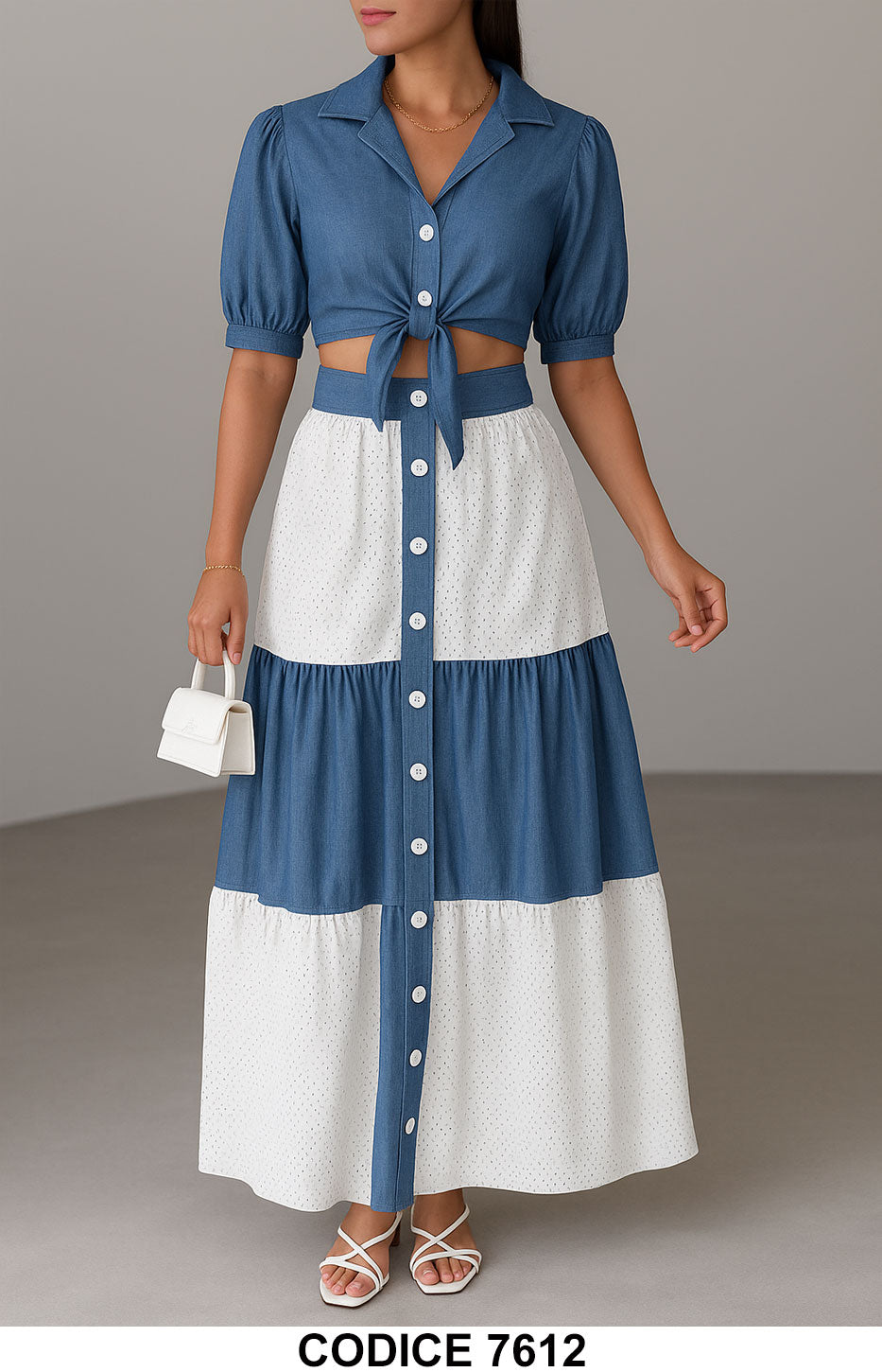 Completo estivo crop top e gonna lunga in denim e sangallo Coordinato Bianco e Blu Chemisier – 7612