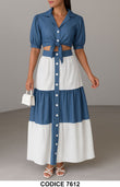 Completo estivo crop top e gonna lunga in denim e sangallo Coordinato Bianco e Blu Chemisier – 7612
