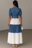 Completo estivo crop top e gonna lunga in denim e sangallo Coordinato Bianco e Blu Chemisier – 7612