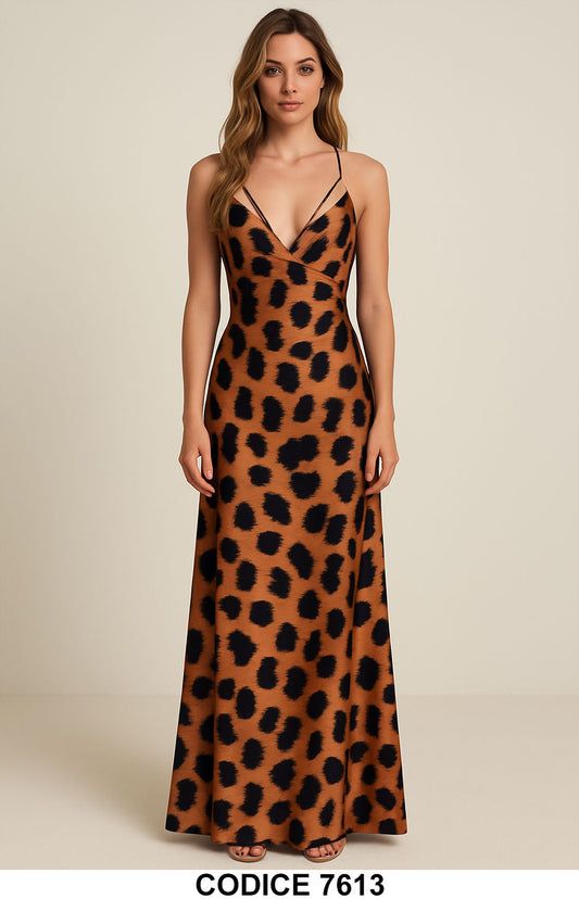 Abito lungo animalier con spalline incrociate Vestito Elegante Marrone Nero Maculato Estate – 7613