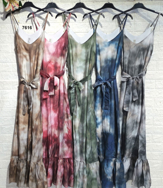 Vestito lungo a spalline con fantasia tie-dye Abito Stampa Astratta Casual Elegante in 5 colori – 7616