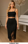 Completo nero elegante con top corto in pizzo e gonna con pizzo e volant Coordinato Serata – 7621