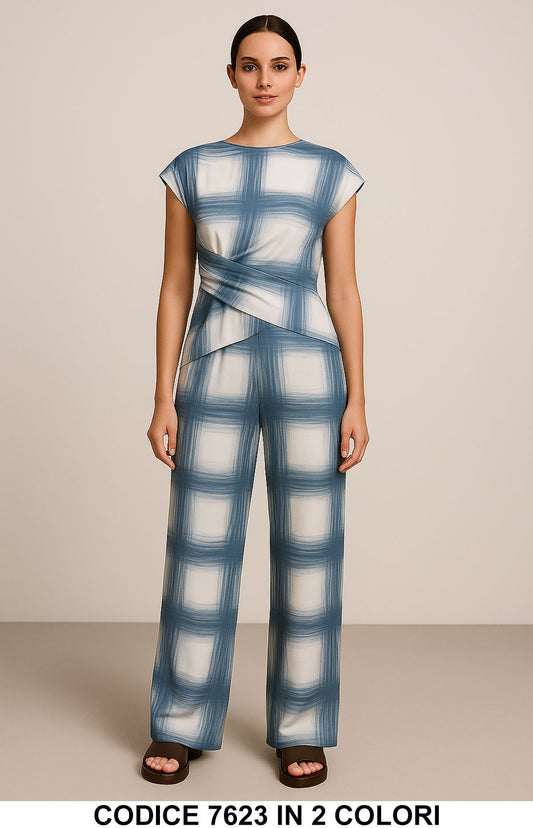 Completo donna maglia asimmetrica e pantalone ampio Fantasia geometrica Coordinato Elegante in 2 Colori –7623