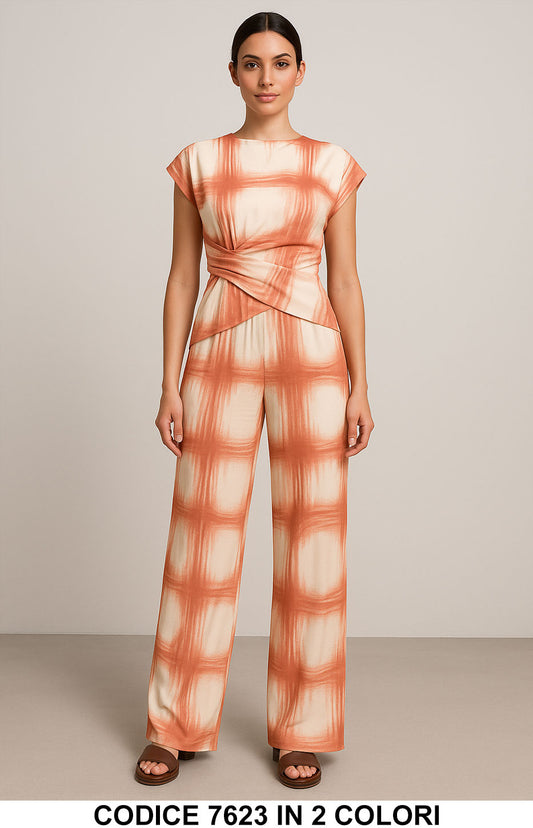 Completo donna maglia asimmetrica e pantalone ampio Fantasia geometrica Coordinato Elegante in 2 Colori –7623