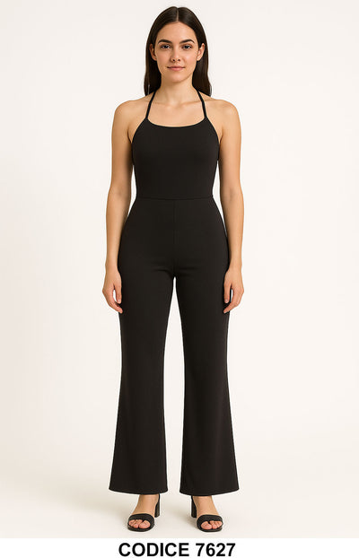 Tuta Intera Nera Donna Pantalone Palazzo Jumpsuit Schiena Scoperta Casual Elegante - 7627