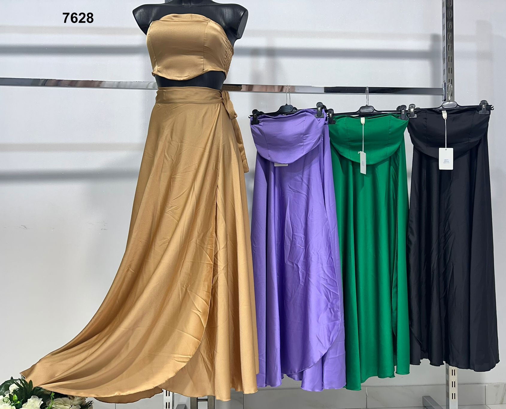Completo elegante donna top e gonna lunga in raso Coordinato Casual Evento Serata in 4 Colori – 7628