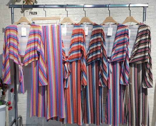 Completo donna estivo fantasia zigzag Maglia Top annodato e pantalone palazzo Coordinato in 5 Colori – 7629