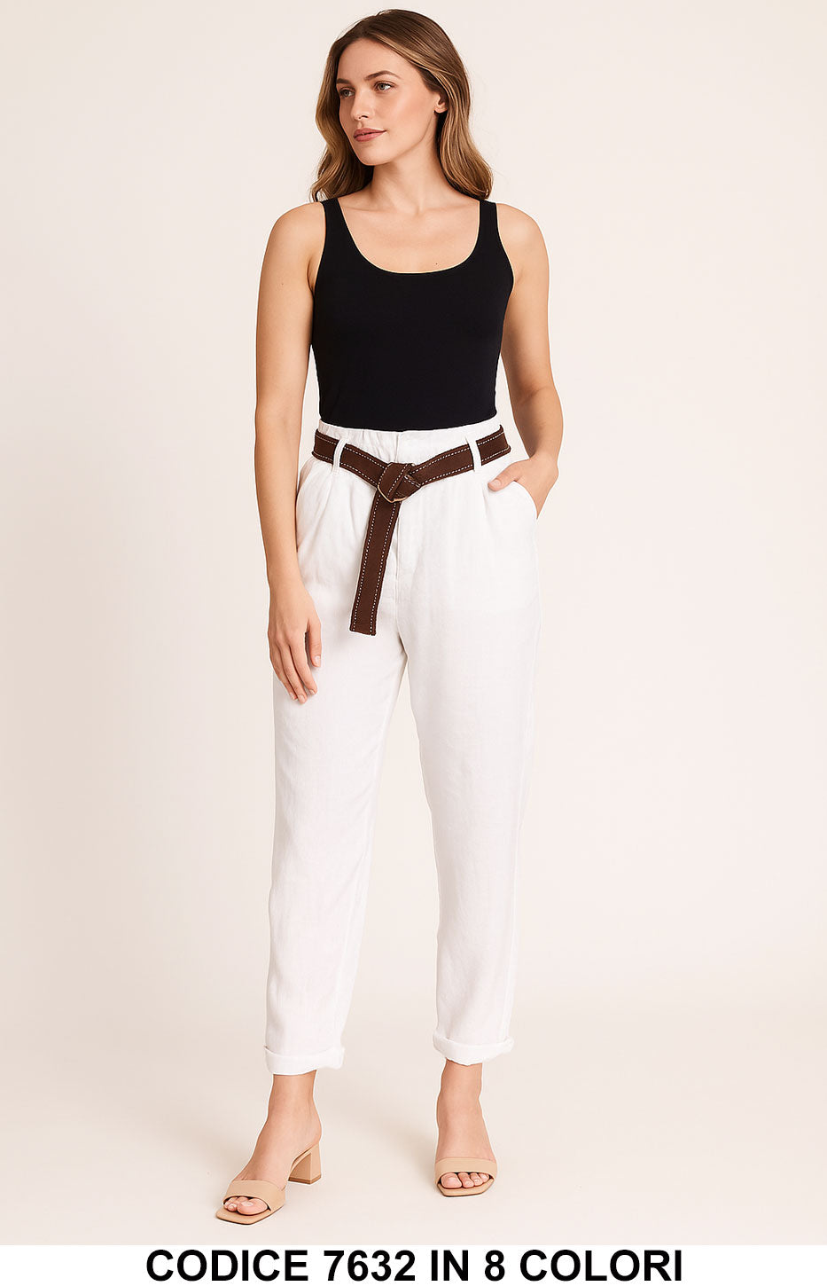 Pantalone donna 100% lino con cintura Casual Pantaloni Donna Capri in 8 colori estivi – 7632