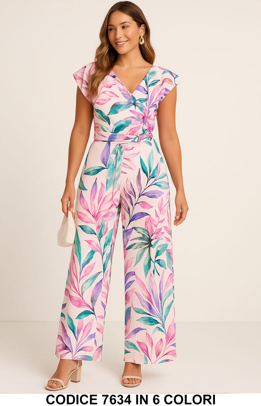 Jumpsuit elegante con fantasia tropicale Jungle Tuta Intera con Cintura Apertivo Serata in 6 Colori – 7634
