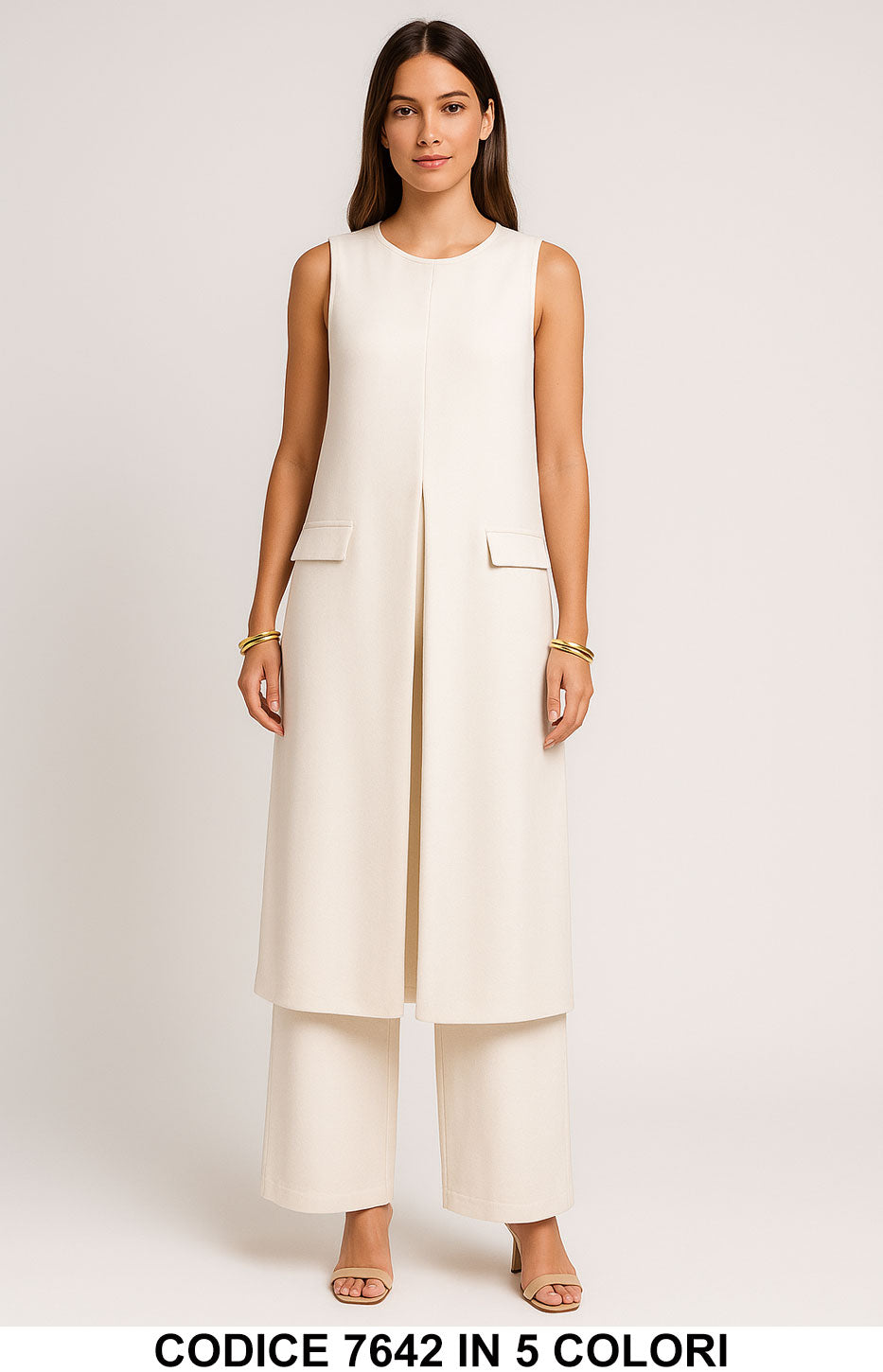 Completo elegante con casacca lunga senza maniche e pantalone palazzo Coordinato in 5 colori – 7642