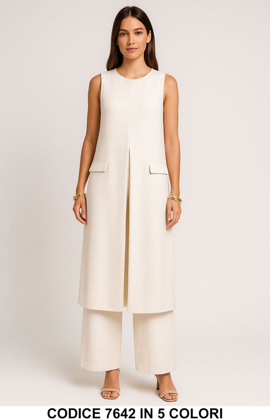 Completo elegante con casacca lunga senza maniche e pantalone palazzo Coordinato in 5 colori – 7642