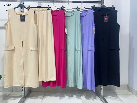 Completo elegante con casacca lunga senza maniche e pantalone palazzo Coordinato in 5 colori – 7642