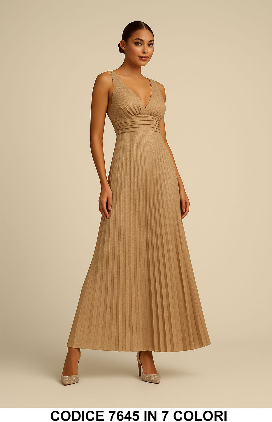 Abito Lungo Plissettato Donna con Scollo a V Elegante Cerimonia Evento Vestito in 7 Colori – 7645