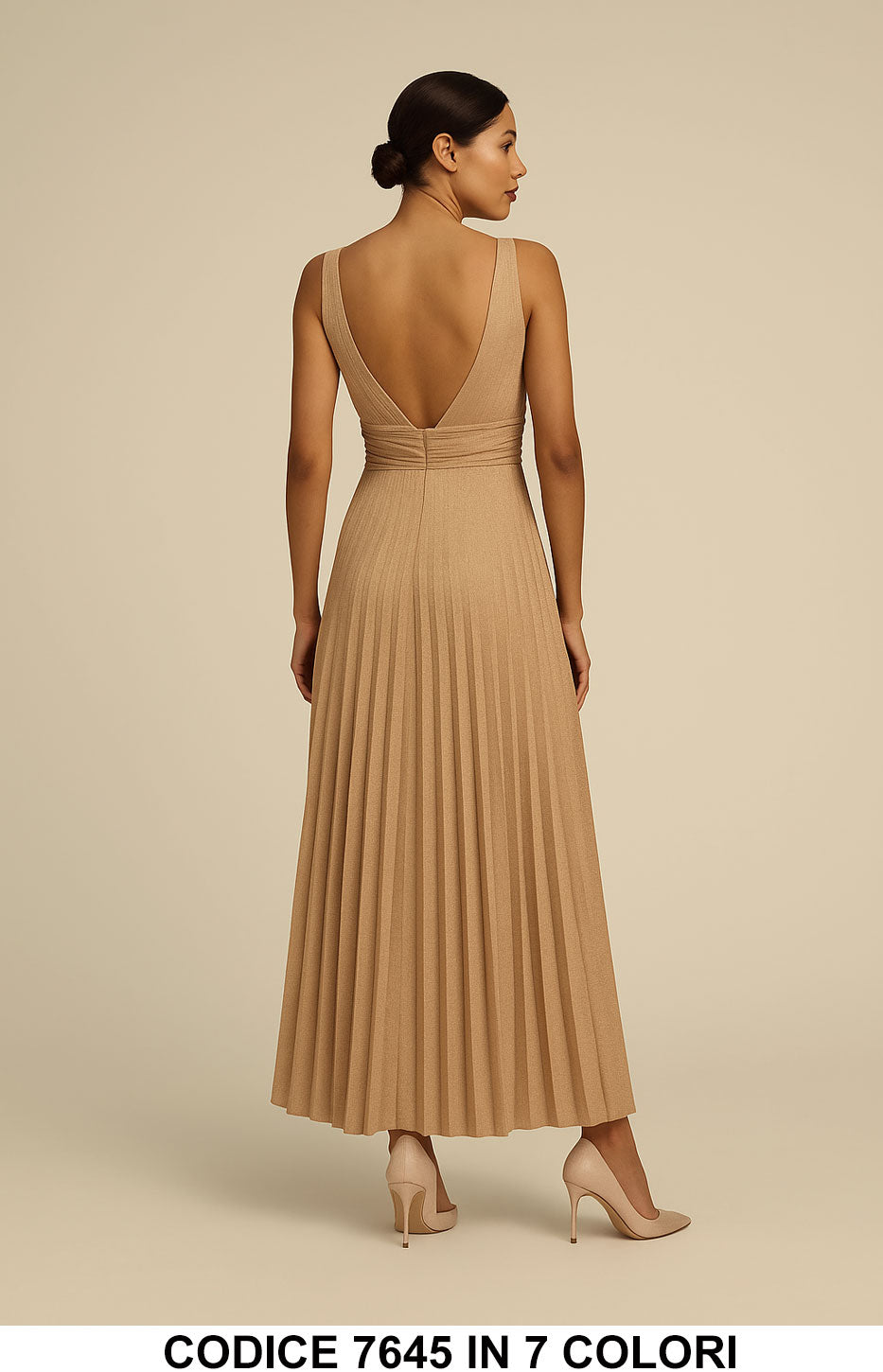Abito Lungo Plissettato Donna con Scollo a V Elegante Cerimonia Evento Vestito in 7 Colori – 7645