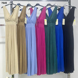 Abito Lungo Plissettato Donna con Scollo a V Elegante Cerimonia Evento Vestito in 7 Colori – 7645